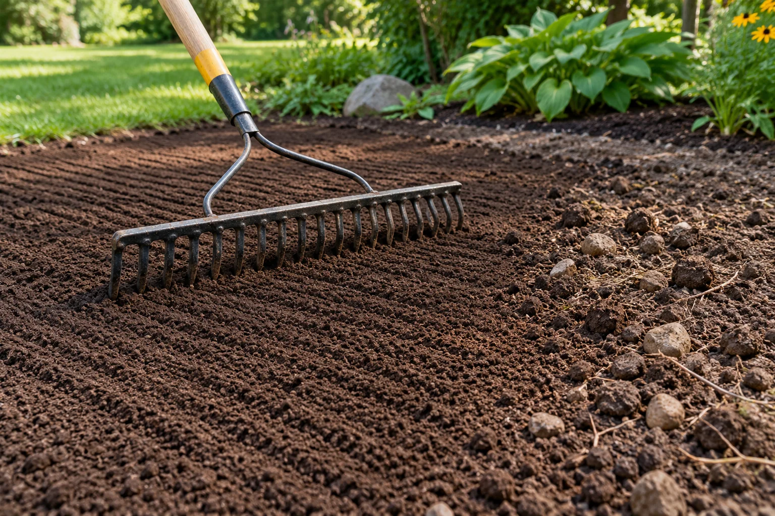 A garden rake passes through fine screened topsoil beside a rough patch containing stones, roots, and clumps.