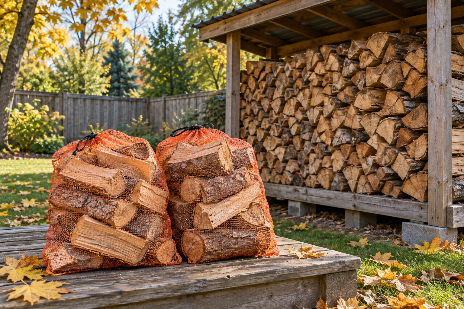 Two mesh bags of firewood beside a larger covered woodpile in an autumn backyard.