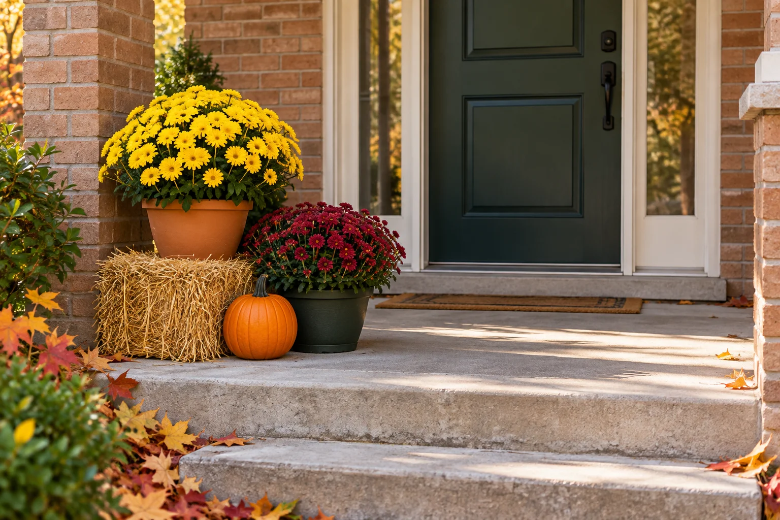 Yellow and burgundy mums with a straw bale and pumpkin beside a green front door, leaving the walkway clear.