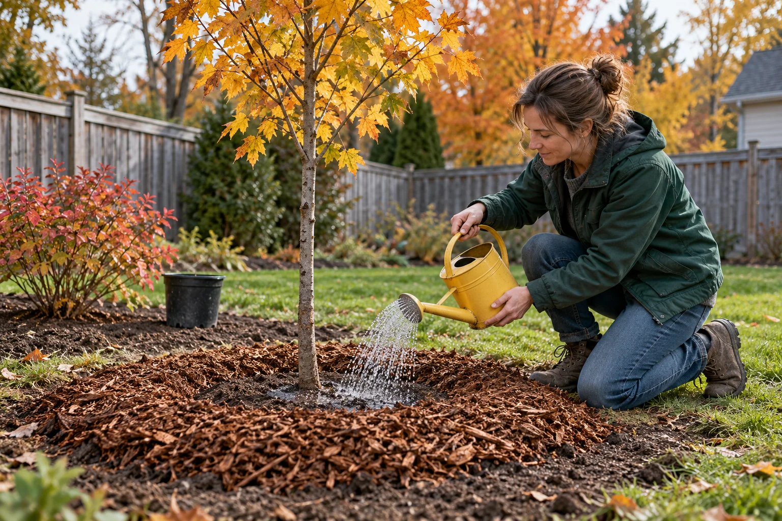 Gardener watering a newly planted tree surrounded by mulch, with autumn shrubs and golden foliage in the yard.