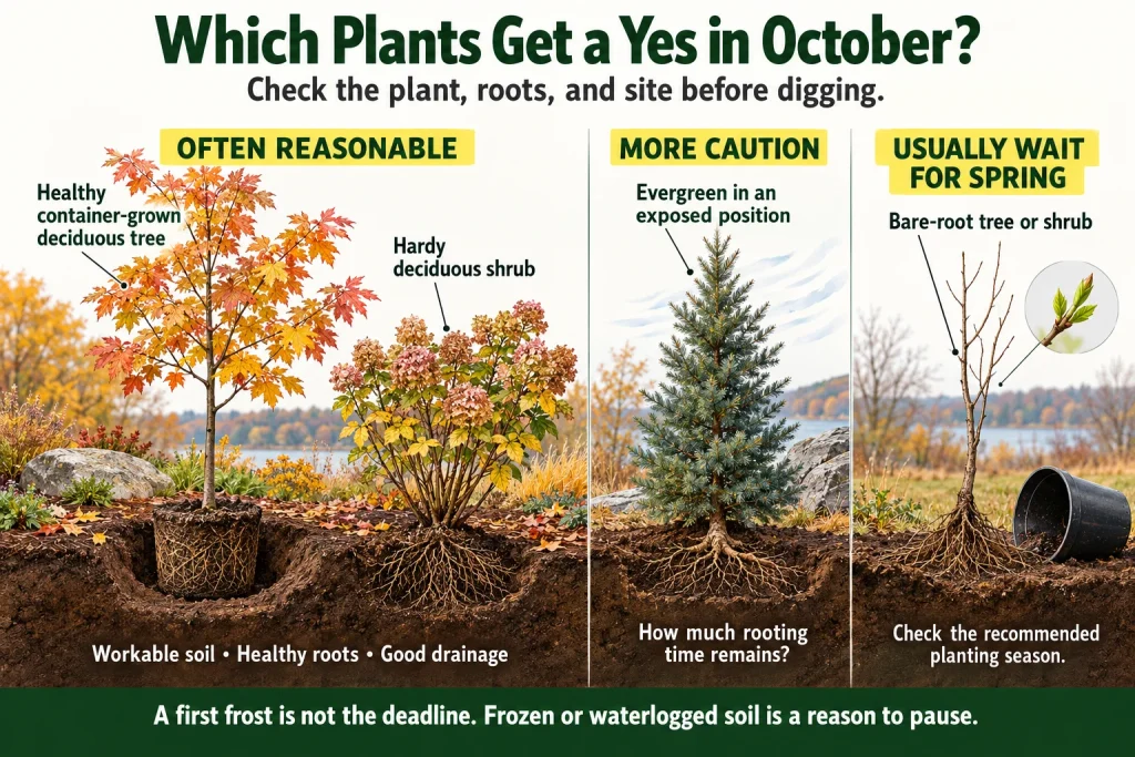 October planting guide showing deciduous trees and shrubs as conditional choices, exposed evergreens needing caution, and bare-root plants usually waiting until spring.