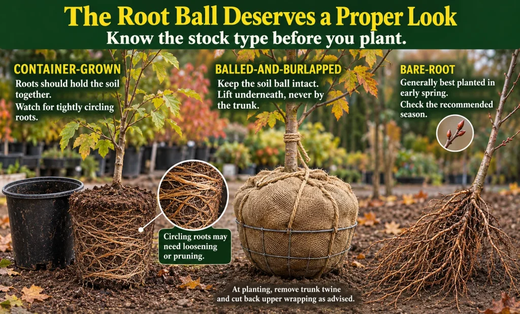 Guide comparing container-grown, balled-and-burlapped, and bare-root plants, with tips for checking circling roots, handling soil balls, and planting timing.